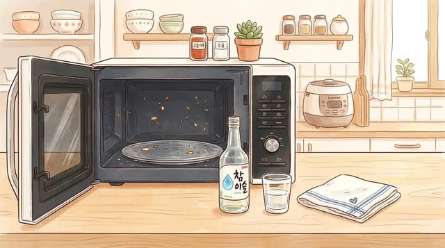 전자레인지 청소를 위해 남은 소주와 물컵을 준비한 주방 이미지