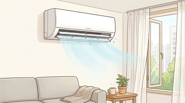 에어컨 곰팡이 냄새를 줄이기 위해 송풍 건조가 필요한 벽걸이 에어컨이 보이는 한국 가정 거실 모습