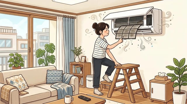 에어컨 냄새 원인을 확인하는 한국 아파트 거실 일러스트 이미지