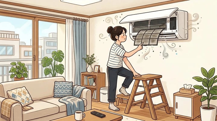 에어컨 냄새 원인을 확인하는 한국 아파트 거실 일러스트 이미지