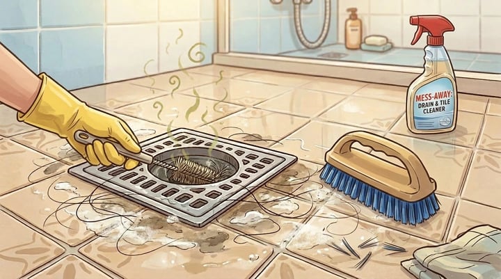 화장실에서 하수구 냄새 제거 순서를 확인하는 욕실 청소 장면