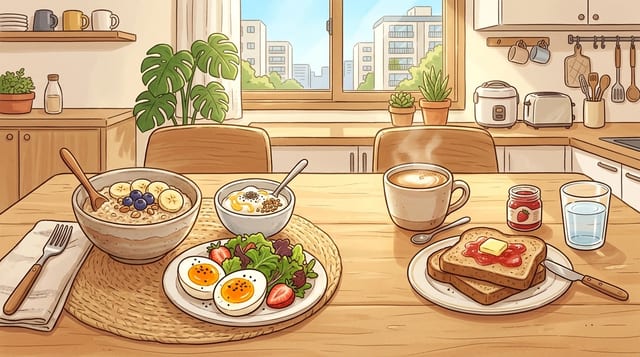 다이어트 아침 식사로 삶은 계란과 그릭요거트를 준비한 아침 식탁 일러스트