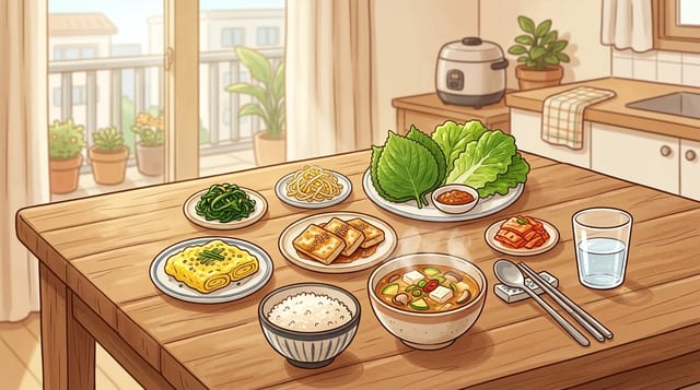 다이어트 식단을 위해 밥과 단백질 반찬, 채소를 균형 있게 담은 한식 식탁 일러스트