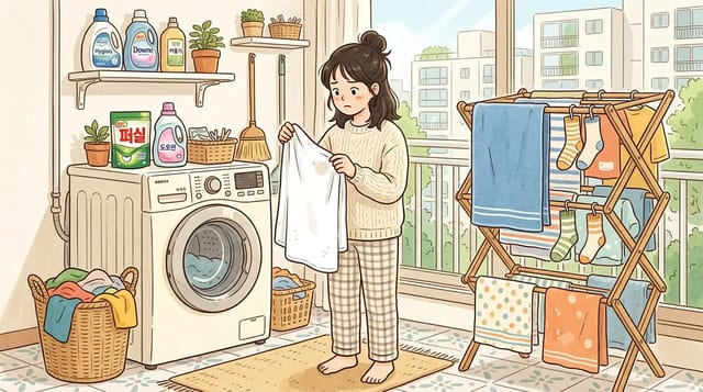 수건 냄새가 빨래 후 다시 나는 상황을 세탁실에서 보여주는 카툰 이미지
