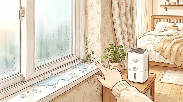 창문 옆 벽면에 생긴 벽지 곰팡이 원인을 확인하는 생활형 이미지
