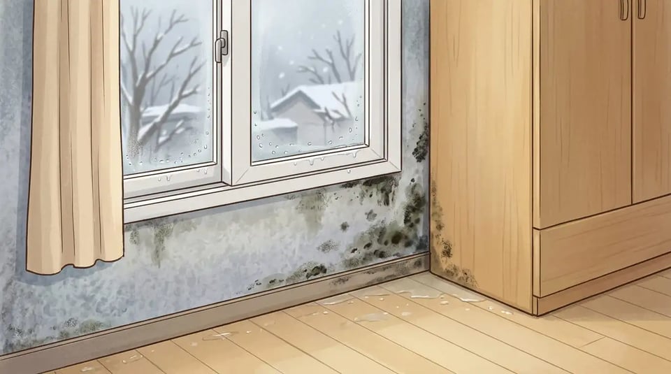 벽지 곰팡이 원인이 되는 창가 결로와 통풍 부족이 보이는 방 안 풍경