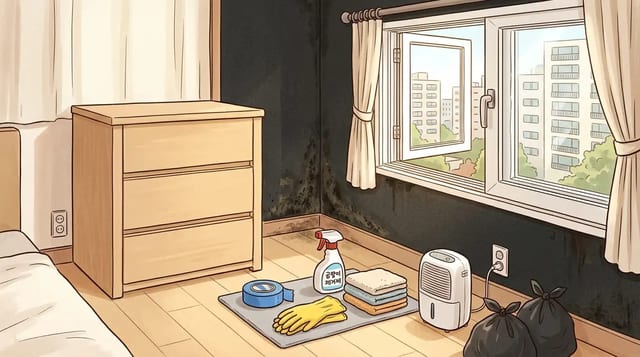 벽지 곰팡이가 생긴 창가 벽면과 제거 준비 도구가 놓인 실내 장면
